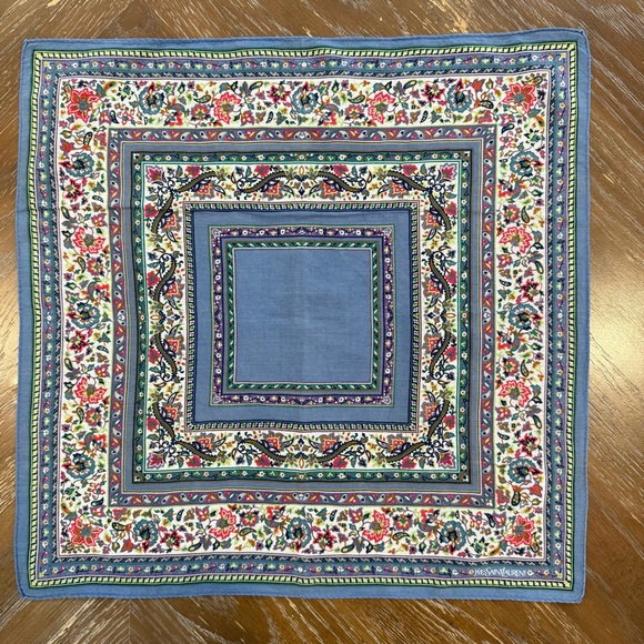 Yves Saint Laurent Floral Blue Bandana Handkerchief Scarf 20” - Picture 4 of 5